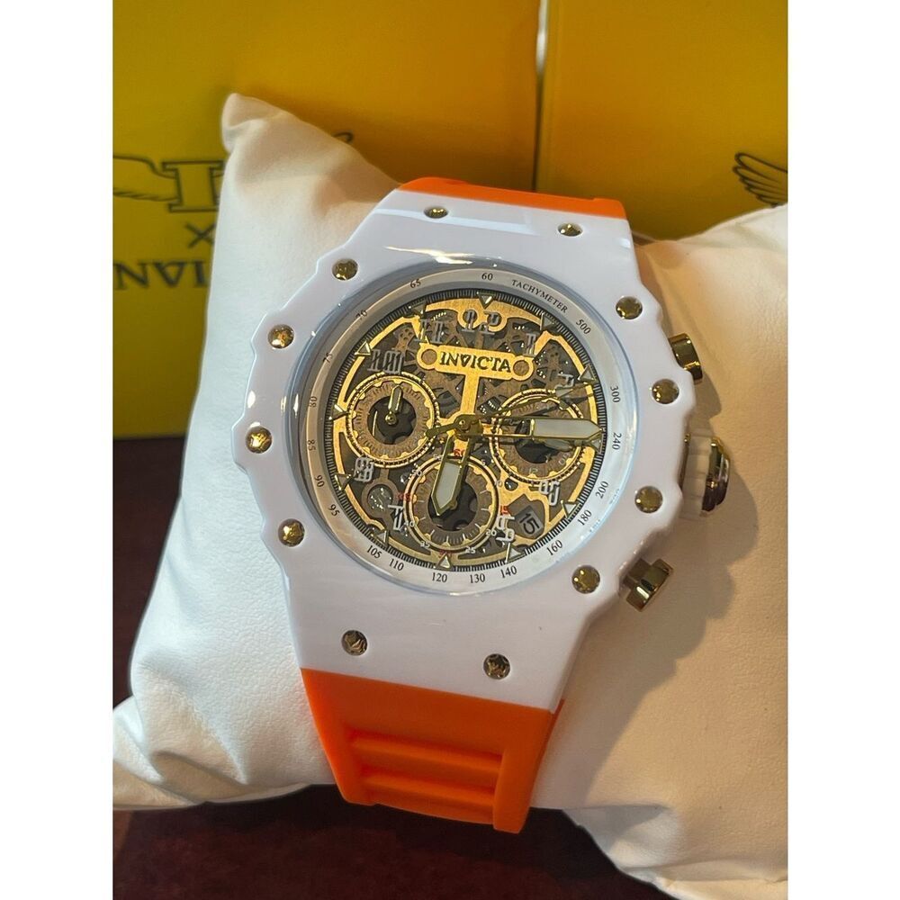 Invicta White & Orange Sport Chronograph with Gold Skeleton Dial